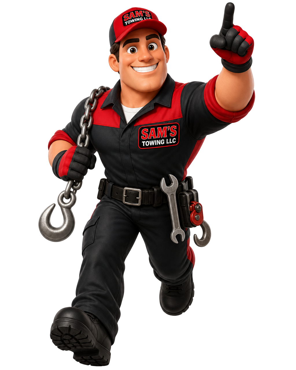 Sam's Towing LLC mascot in a branded red and black towing uniform