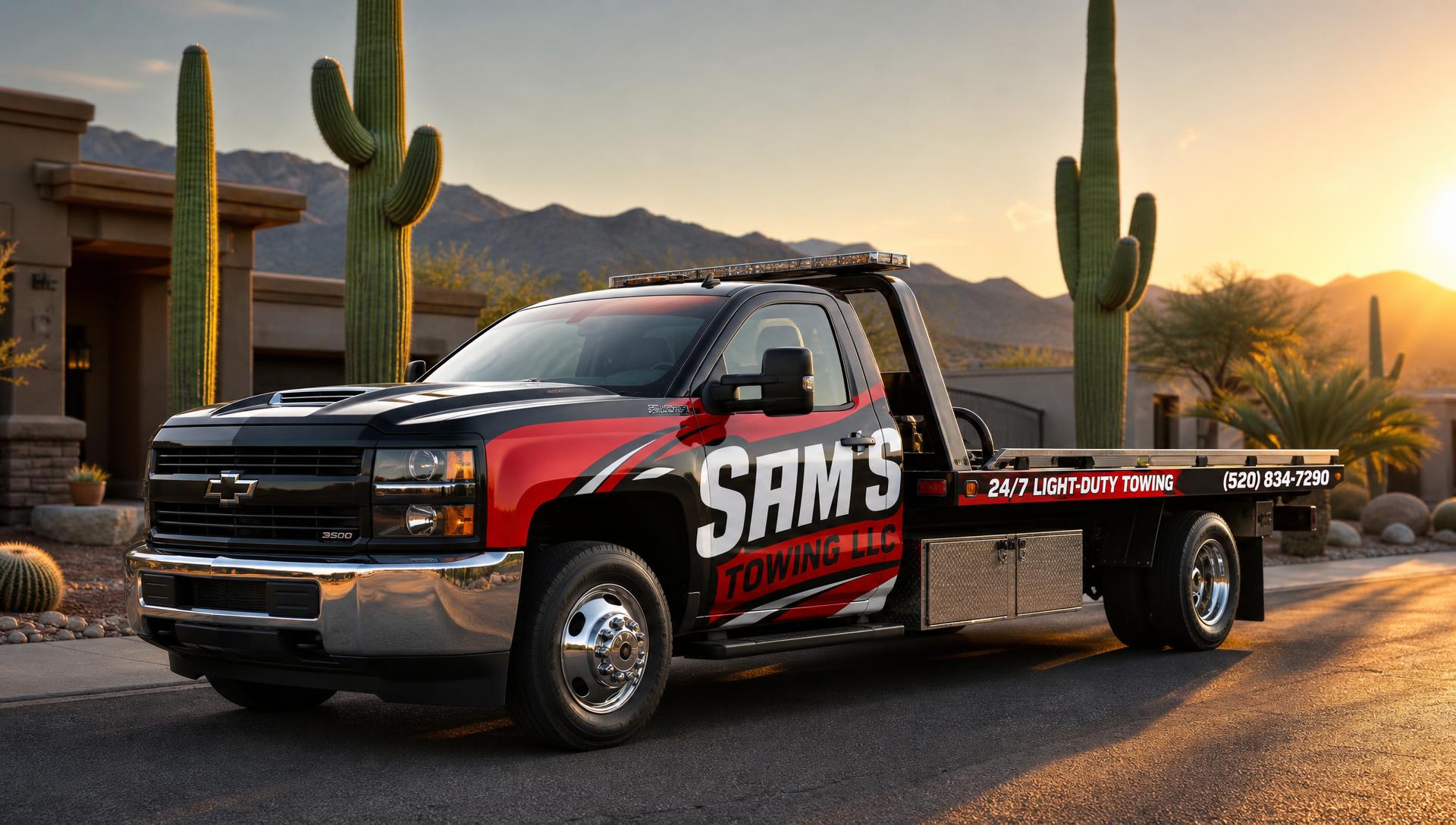 Branded Sam's Towing LLC flatbed truck parked in a Tucson neighborhood